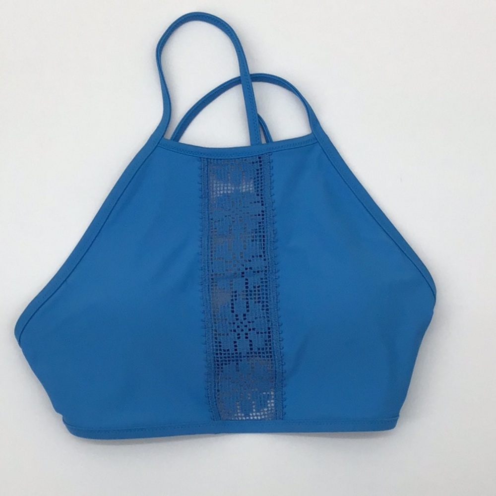 Aerie Lace Panel High Neck Bikini Top ~ Med ~ Blue